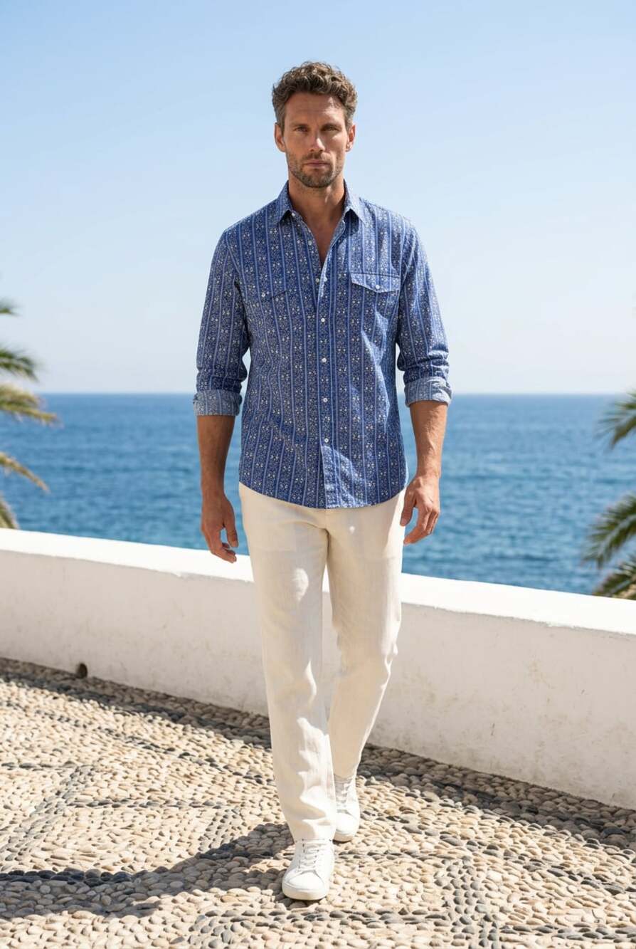 KingSize Men's Long-Sleeve Western Patterned Shirt in Blue Floral Stripe